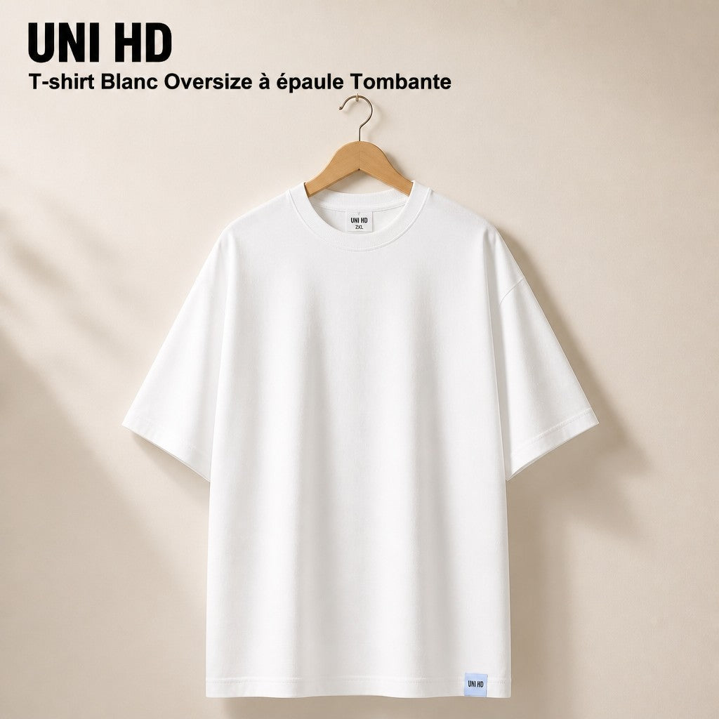 Tee-shirt blanc oversize Ets Haidara à coupe ample et épaules tombantes, style streetwear décontracté sur cintre.