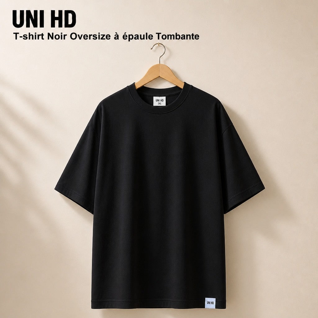 Tee-shirt noir Ets Haidara oversize à épaules tombantes, coupe décontractée en coton pour un style streetwear moderne.